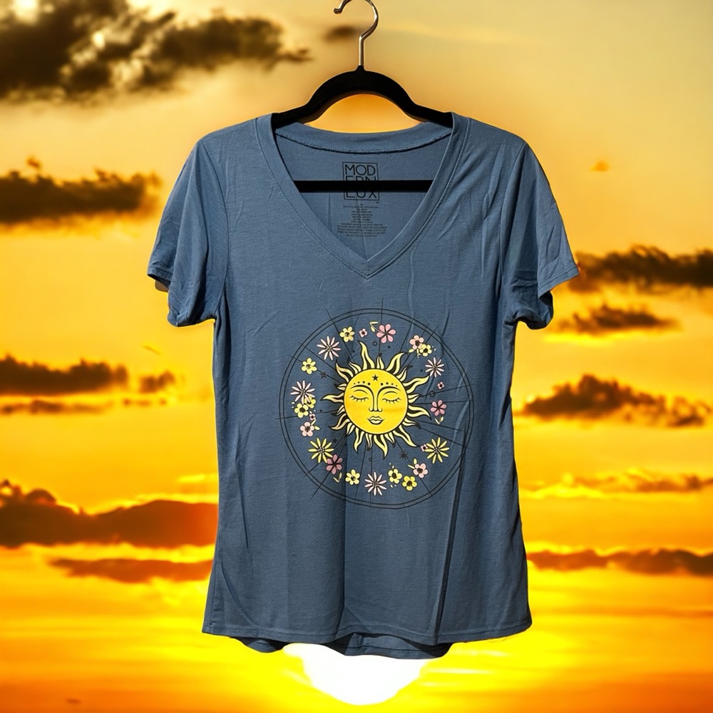 Modern Lux Blue T-Shirt with Sun & Floral Medallion Front